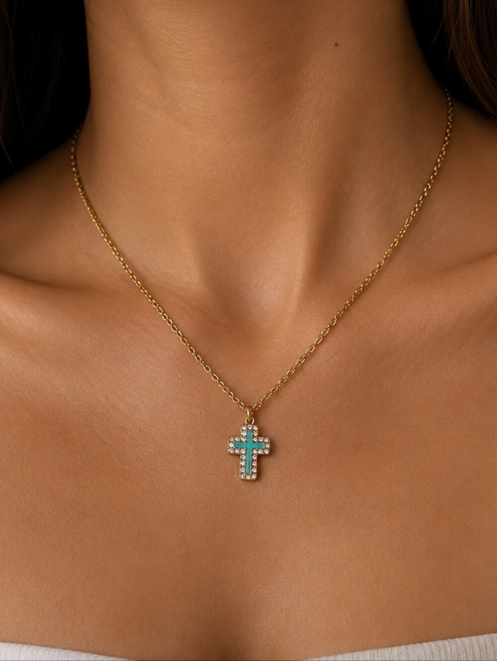 Plunder Gold Chain Necklace with Turquoise Cross Pendant